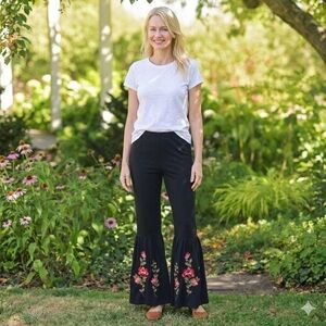 April Cornell Bell Bottom Pants Flower Embroidery Hippie Boho Gypsy Size XXL